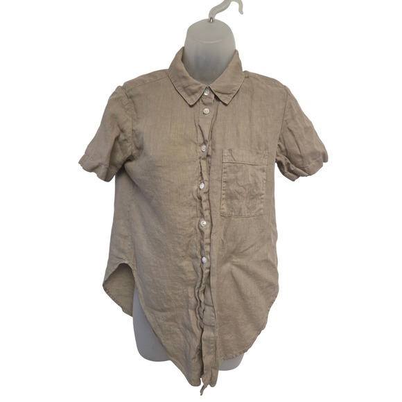 Theory Linen Short Sleeve Button Up Shirt Tan Beige Size P - Picture 1 of 6